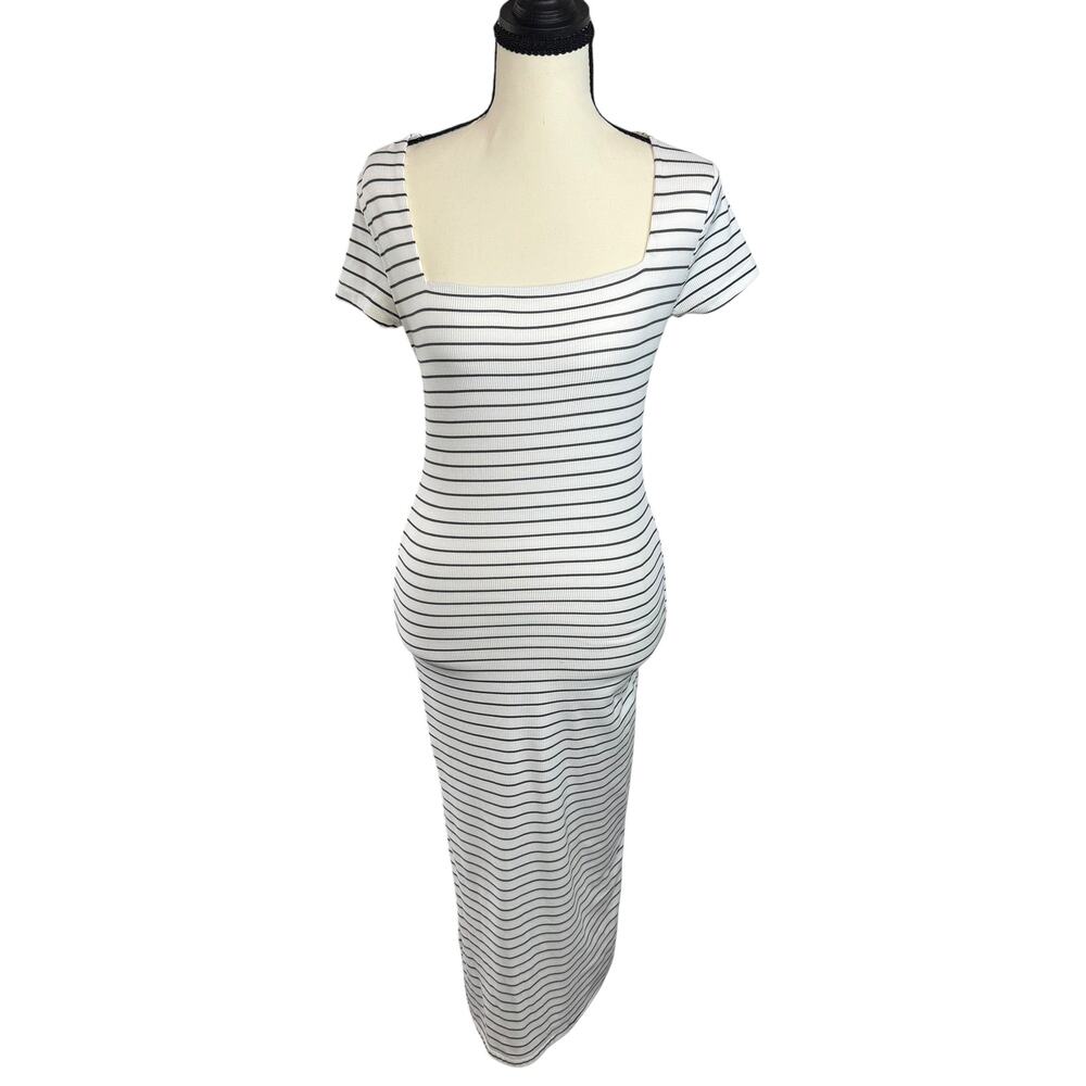 Faded Rose White Black Striped Ribbed Square Neck Bodycon Midi Dress Medium
